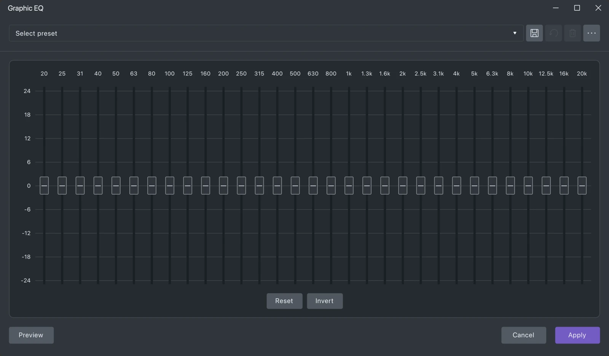 Audacity 4 图形均衡器窗口，31 段频率推子